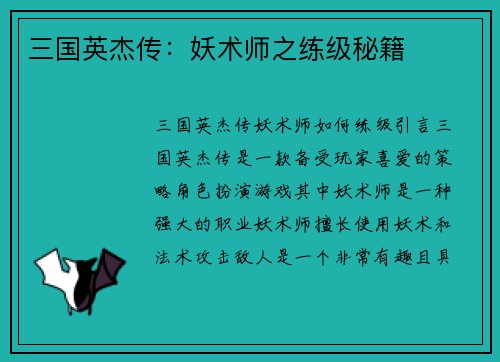 三国英杰传：妖术师之练级秘籍